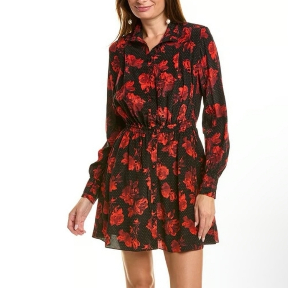 The Kooples Dots and Roses Silk Shirtdress in black And red floral print Size XS